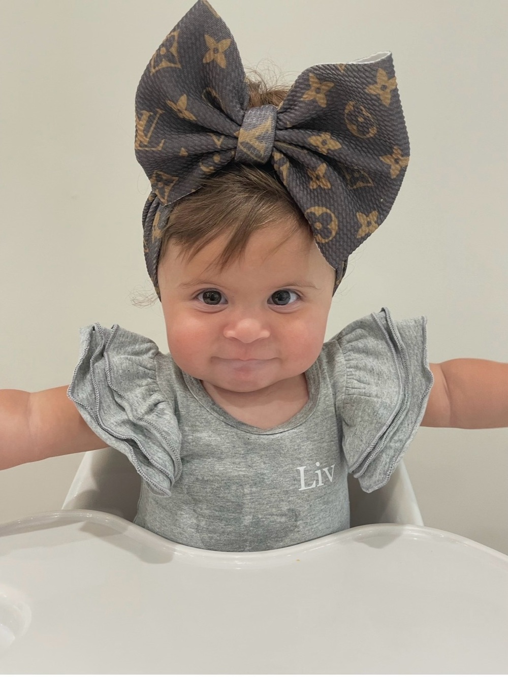 Designer-Inspired Gray Monogram Big Bow Headband for babies